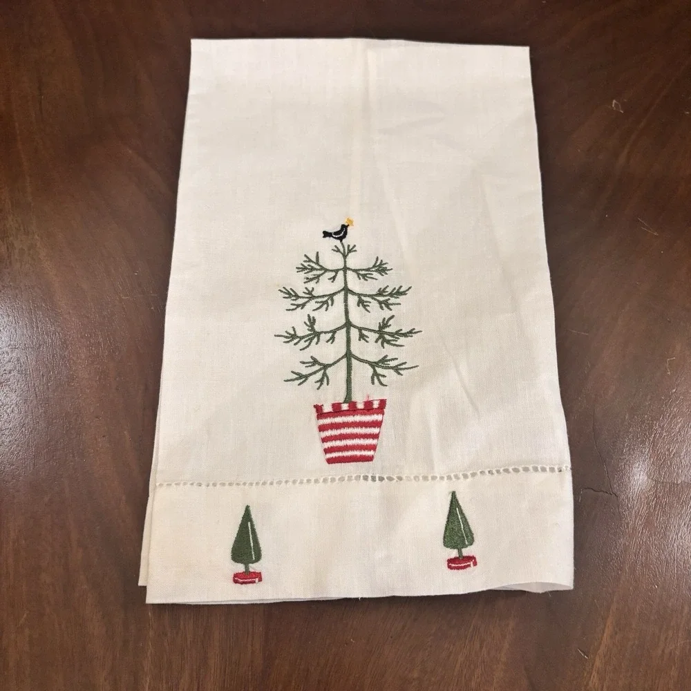 Set of 2 Christmas Embroidered Kitchen Tea Towels Merry Christmas Tree Holiday